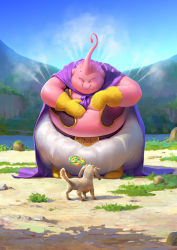 Rule 34 | 1boy, antennae, bee (dragon ball), blue sky, boots, candy, cape, cassio yoshiyaki, colored skin, commentary, day, dog, dragon ball, dragonball z, english commentary, closed eyes, food, gloves, grass, highres, holding, holding food, lollipop, looking at another, majin buu, male focus, mountain, mountainous horizon, mouth hold, nature, outdoors, pink skin, purple cape, river, rock, signature, sky, smile, standing, steaming body, yellow gloves