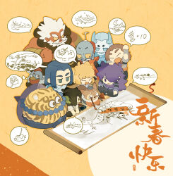 Rule 34 | 1girl, 6+boys, anger vein, animal ear fluff, animal ears, arm up, beard, black hair, blue eyes, blue hair, blue skin, brown eyes, brown hair, calligraphy brush, cat ears, chibi, chinese zodiac, closed eyes, colored skin, facial hair, fengxi (the legend of luoxiaohei), hat, highres, horns, hua hu (the legend of luoxiaohei), indian style, jiulao (the legend of luoxiaohei), long hair, luo xiaohei, luo xiaohei (human), luo xiaohei zhanji, luozhu (the legend of luoxiaohei), multiple boys, mustache, official art, orange background, orange hair, paintbrush, pointing, purple hair, red skin, ruoshui (the legend of luoxiaohei), scroll, simple background, sitting, spiked hair, tianhu (the legend of luoxiaohei), tien jie (the legend of luoxiaohei), tiger, white hair, wuxian (the legend of luoxiaohei), xuhuai (the legend of luoxiaohei), year of the dragon, zhao yue (the legend of luoxiaohei)