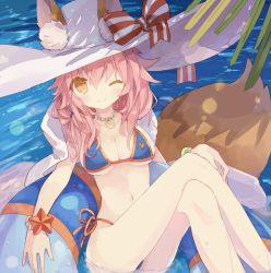 Rule 34 | 10s, 1girl, alternate costume, animal ears, bare legs, bikini, blue bikini, blush, bow, breasts, cleavage, closed mouth, commentary request, crossed legs, ears through headwear, fate/extra, fate/grand order, fate (series), fox ears, hair between eyes, hat, hat bow, jewelry, large breasts, long hair, looking at viewer, micro bikini, navel, one eye closed, phoenix0, pink hair, side-tie bikini bottom, sitting, smile, solo, striped, striped bow, swimsuit, tamamo (fate), tamamo no mae (fate/extra), tamamo no mae (swimsuit lancer) (fate), tamamo no mae (swimsuit lancer) (third ascension) (fate), white hat, wrist cuffs, yellow eyes