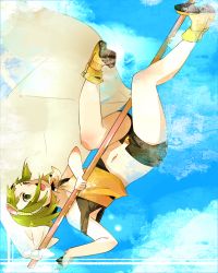 Rule 34 | 1girl, bad id, bad pixiv id, female focus, flag, full body, goggles, goggles on head, gradient background, green eyes, green hair, gumi, legs, matching hair/eyes, open mouth, shoes, short hair, solo, tknoff, upside-down, vocaloid