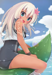 Rule 34 | 10s, 1girl, bad id, bad pixiv id, blonde hair, blue eyes, blush, commentary request, crop top, flower, from behind, hair flower, hair ornament, kantai collection, long hair, looking at viewer, looking back, one-piece swimsuit, one-piece tan, open mouth, ro-500 (kancolle), sailor collar, school swimsuit, smile, solo, sora miru, straddling, swimsuit, swimsuit under clothes, tan, tanline, water