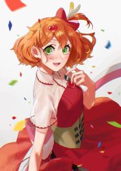 Rule 34 | 1girl, blush, bob cut, bow, breasts, confetti, corset, dress, floating hair, freyja wion, from above, green eyes, hair bow, hair ornament, hand on own chest, heart, heart hair ornament, highres, looking at viewer, looking back, macross, macross delta, orange hair, pote-mm, red dress, short hair, small breasts