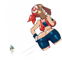 Rule 34 | 1boy, 1girl, ass, backboob, breasts, brown hair, butt crack, clothes pull, creatures (company), gallade, game freak, gen 4 pokemon, highres, huge breasts, may (pokemon), mystical, nintendo, pokemon, pokemon (anime), pokemon rse, shorts, shorts pull, stealth brock, third-party edit