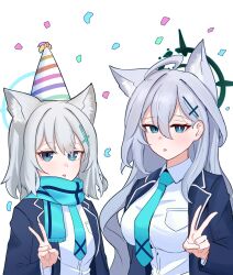 Rule 34 | 2girls, ahoge, animal ear fluff, animal ears, black jacket, blazer, blue archive, blue eyes, blue halo, blue necktie, blue scarf, breasts, collared shirt, cross hair ornament, dark halo, dual persona, extra ears, grey hair, hair between eyes, hair ornament, halo, hat, highres, jacket, korean commentary, large breasts, long hair, long sleeves, looking at viewer, medium hair, mismatched pupils, multiple girls, necktie, open clothes, open jacket, party hat, scarf, shiroko (blue archive), shiroko terror (blue archive), shirt, skyrain315, small breasts, tongue, tongue out, white shirt, wolf ears