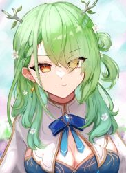 Rule 34 | 1girl, :3, absurdres, antlers, asymmetrical bangs, braid, braided bangs, breasts, ceres fauna, ceres fauna (1st costume), cleavage, commentary, eyes visible through hair, flower, green hair, hair flower, hair ornament, hair over one eye, highres, hololive, hololive english, horns, large breasts, looking at viewer, mole, mole under eye, psypolo d, smile, solo, upper body, virtual youtuber, yellow eyes