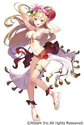Rule 34 | 1girl, anklet, armlet, arms up, ball, beachball, bikini, blonde hair, blush, braid, breasts, brown eyes, cleavage, copyright name, floating hair, flower, freya (valkyrie connect), fringe trim, gaou (umaiyo puyoman), hair flower, hair ornament, halterneck, hibiscus, highres, holding, jewelry, large breasts, lily (flower), long hair, long skirt, looking at viewer, navel, official art, open mouth, pink flower, red skirt, sandals, sarong, simple background, skirt, smile, solo, standing, standing on one leg, swimsuit, teeth, valkyrie connect, watermark, white background, white bikini, white skirt