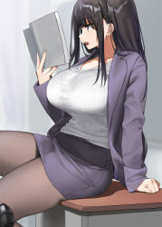Rule 34 | 1girl, arm support, black hair, black pantyhose, blazer, book, breasts, collarbone, desk, facing to the side, female focus, hair ornament, hairclip, holding, holding book, huge breasts, jacket, kaisen chuui, long hair, long sleeves, on desk, open mouth, original, pantyhose, purple jacket, purple skirt, shoes, sitting, sitting on table, skirt, solo, table, teacher, thighs