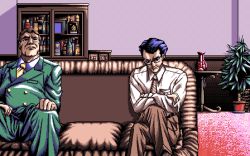 Rule 34 | 1990s (style), 2boys, blue hair, brown hair, brown pants, business suit, cabinet, character request, collared shirt, couch, crossed arms, crossed legs, diagonal-striped neckwear, dithering, facing viewer, fat, fat man, feet out of frame, formal, game cg, glasses, green jacket, green pants, indoors, interheart, jacket, looking at viewer, lowres, multiple boys, necktie, on couch, pants, pc98, pixel art, reijou monogatari, retro artstyle, serious, shirt, short hair, sitting, striped neckwear, suit, tagme, white shirt, yellow neckwear