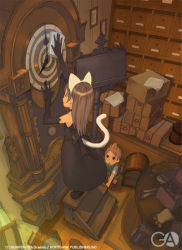 Rule 34 | 1boy, 1girl, animal ears, blonde hair, blush, blush stickers, book, bow, box, brown hair, bucket, carpet, cat ears, cat tail, cleaning, clock, drawer, dress, elbow gloves, flipped hair, from above, gagraphic, gloves, grandfather clock, gunpom, indoors, interior, long hair, looking at another, looking up, maid, on box, open book, paper, pectorals, photo (object), scroll, short hair, short sleeves, sitting, sleeveless, sleeveless dress, stairs, table, tail, treasure chest