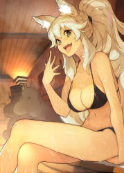 Rule 34 | 1girl, animal ears, bikini, black bikini, blue eyes, breasts, cleavage, commission, fangs, halterneck, hide (hideout), high ponytail, highres, indie virtual youtuber, large breasts, legs folded, long hair, looking at viewer, lumi (merryweather), moomin, navel, open mouth, sauna, sidelocks, sitting, skeb commission, smile, solo focus, swimsuit, tongue, tongue out, virtual youtuber, wet, white hair, wolf ears, wolf girl