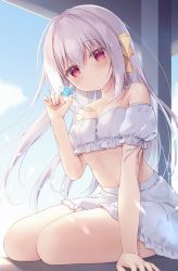 Rule 34 | 1girl, arm support, bare shoulders, blue sky, bow, breasts, cleavage, cloud, collarbone, commentary, day, detached sleeves, english commentary, frilled skirt, frills, grey hair, hair between eyes, hair bow, hand up, heart, highres, holding, inae koron, koi ni kanmi o soete, long hair, miyasaka naco, puffy short sleeves, puffy sleeves, red eyes, short sleeves, skirt, sky, small breasts, solo, very long hair, white skirt, white sleeves, yellow bow