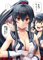 Rule 34 | 3girls, :d, agano (kancolle), bad id, bad twitter id, black hair, blush, breasts, brown eyes, cleavage, closed mouth, commentary request, finger to mouth, gloves, hair between eyes, highres, ichikawa feesu, kantai collection, large breasts, long hair, looking at viewer, multiple girls, open mouth, ponytail, purple hair, sailor collar, sakawa (kancolle), school uniform, serafuku, sidelocks, simple background, sleeveless, smile, sparkle, speech bubble, sweatdrop, translation request, very long hair, wavy mouth, white gloves, yahagi (kancolle)