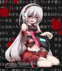 Rule 34 | 1girl, blood, boots, detached sleeves, guro, headphones, headset, injury, jpeg artifacts, knee boots, lace, long hair, midriff, navel, open mouth, pink hair, pleated skirt, red eyes, sailor collar, severed limb, shimo (depthbomb), silver hair, skirt, smile, solo, sukone tei, tears, translation request, utau, very long hair, vocaloid, wall of text, yandere