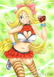 Rule 34 | 10s, 1girl, bare shoulders, blonde hair, blue eyes, blush, breasts, cheerleader, cleavage, cleavage cutout, clothing cutout, covered erect nipples, creatures (company), game freak, gift, grin, gym leader, hair ribbon, heart, heart cutout, korrina (pokemon), large breasts, long hair, looking at viewer, navel, nintendo, one eye closed, pokemon, pokemon xy, ponytail, ribbon, shoes, skirt, smile, sneakers, solo, takecha, thighhighs, very long hair, wristband
