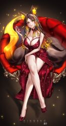 Rule 34 | 1girl, alcohol, animal ears, artist name, bare legs, bare shoulders, blonde hair, breasts, brown hair, chair, champagne, choker, cleavage, commission, crossed legs, cup, dot nose, dress, fire, fire, forehead, full body, glass, gradient background, grin, high heels, highres, holding, holding cup, indie virtual youtuber, large breasts, looking at viewer, multicolored hair, orange hair, parted bangs, red choker, red dress, red hair, red nails, ringeko-chan, sinder (vtuber), sitting, slit pupils, smile, solo, sparkle, streaked hair, tail, virtual youtuber, wolf ears, wolf girl, yellow eyes