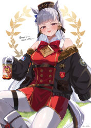 Rule 34 | 1girl, absurdres, animal ears, bare shoulders, black jacket, boss coffee, bow, breasts, buttons, commentary request, cowboy shot, double-breasted, dress, ear bow, foot out of frame, fur-trimmed jacket, fur trim, gloves, gold ship (umamusume), grey hair, highres, horse ears, horse girl, horse tail, jacket, large breasts, long hair, looking at viewer, mare ma, open mouth, pantyhose, pillbox hat, pouch, purple bow, purple eyes, red bow, red dress, simple background, sitting, sleeveless, sleeveless dress, smile, solo, suntory, tail, tongue, tongue out, twitter username, umamusume, white gloves, white hair, white pantyhose