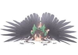 Rule 34 | &gt;:t, 1girl, :t, black thighhighs, bow, brown hair, feathers, green ribbon, hair ribbon, highres, long hair, pout, red eyes, reiuji utsuho, ribbon, skirt, thighhighs, touhou, toutenkou, v-shaped eyebrows, white background, wings