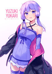 Rule 34 | 1girl, ai kusunoki, bare shoulders, black jacket, blush, breasts, character name, collarbone, cowboy shot, criss-cross halter, dress, halter dress, halterneck, highres, jacket, long sleeves, looking at viewer, off shoulder, open clothes, open jacket, open mouth, purple dress, purple eyes, purple hair, purple thighhighs, short dress, short hair with long locks, sidelocks, simple background, small breasts, solo, sweatdrop, thighhighs, vocaloid, voiceroid, white background, yuzuki yukari, zettai ryouiki