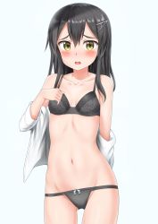 Rule 34 | 10s, 1girl, black bra, black hair, black panties, blue background, blush, bra, embarrassed, hair between eyes, hair ornament, hairpin, hand on own chest, highres, kantai collection, long hair, looking at viewer, navel, nedia (nedia region), open mouth, oyashio (kancolle), panties, simple background, solo, underwear, yellow eyes