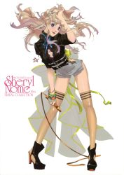 Rule 34 | 1girl, absurdres, ankle boots, blonde hair, blue eyes, boots, cleavage cutout, clothing cutout, earrings, ebata risa, hair ornament, high heels, highres, jewelry, long hair, macross, macross frontier, microphone, sheryl nome, shoes, single earring, solo, thighhighs