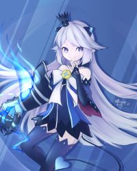Rule 34 | 10s, 1girl, 2015, blue background, blue eyes, blue skirt, blue thighhighs, bow, bridal gauntlets, brooch, claws, crown, dated, demon power (elsword), detached sleeves, dress, elsword, eyebrows, highres, horns, jewelry, long hair, luciela r. sourcream, mini crown, miniskirt, pale skin, pointy ears, sakurameow, signature, silver hair, skirt, smile, solo, strapless, strapless dress, striped, striped background, symbol-shaped pupils, tail, thick eyebrows, thighhighs, white bow