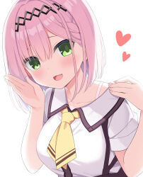 Rule 34 | 1girl, :3, black hairband, blush, bob cut, braid, breasts, collarbone, commentary request, double-parted bangs, eyelashes, eyes visible through hair, fang, fingernails, green eyes, hair between eyes, hairband, hands up, head tilt, heart, highres, large breasts, looking at viewer, medium hair, necktie, off shoulder, open mouth, pink hair, school uniform, seductive smile, shirt, short necktie, side braid, simple background, skirt, smile, solo, straight hair, suspender skirt, suspenders, tanikaze amane, tenshi souzou re-boot!, upper body, utsunomiya tsumire, whispering, white background, white shirt, yellow necktie