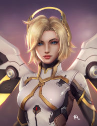 Rule 34 | 1girl, artist name, blonde hair, blue eyes, bodysuit, breasts, commentary, english commentary, glowing, glowing wings, halo, highres, light smile, lips, looking at viewer, mechanical halo, mechanical wings, medium breasts, mercy (overwatch), messy hair, nose, overwatch, overwatch 1, overwatch 2, pink lips, purple background, raymund lota, realistic, shiny clothes, short hair, signature, solo, upper body, white bodysuit, wings, yellow wings
