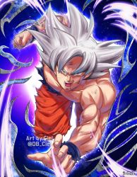 Rule 34 | 10s, 1boy, artist name, blue background, clenched hand, commentary request, dirty, dougi, dragon ball, dragon ball super, dragonball z, fighting stance, fingernails, frown, grey eyes, grey hair, highres, looking at viewer, male focus, muscular, open mouth, outstretched arms, purple background, serious, shaded face, topless male, short hair, simple background, son goku, spiked hair, spoilers, translation request, twitter username, ultra instinct, watermark, wristband
