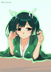 Rule 34 | 10s, 1girl, 3:, breast rest, breasts, breasts squeezed together, cleavage, collarbone, commentary request, female focus, green background, green eyes, green hair, hair ribbon, highres, japanese clothes, kantai collection, large breasts, looking at viewer, matching hair/eyes, outline, portrait, ribbon, ruffling hair, short twintails, simple background, solo, souryuu (kancolle), table, twintails, twitter username, uno ryoku
