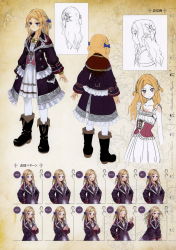 Rule 34 | 1girl, ^ ^, absurdres, atelier (series), atelier rorona, blonde hair, blue eyes, blush, boots, bow, character sheet, closed eyes, coat, collarbone, concept art, cuderia von feuerbach, dress, expressions, female focus, frills, full body, hair bow, hair ornament, hair ribbon, hands on own hips, highres, jewelry, kishida mel, knee boots, long hair, multiple views, necklace, non-web source, official art, pantyhose, ribbon, simple background, sleeves past wrists, smile, turnaround, wavy hair, white pantyhose