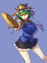 Rule 34 | 1girl, blue background, bow, breasts, green eyes, green hair, hat, highres, holding, large breasts, long sleeves, looking at viewer, matching hair/eyes, melon22, open mouth, ribbon, shiki eiki, short hair, simple background, skirt, solo, thighs, touhou