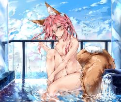 Rule 34 | 1girl, animal ear fluff, animal ears, bird, blue sky, blush, breasts, brown eyes, cleavage, cloud, cloudy sky, dated, day, dema hmw, fate/grand order, fate (series), fox ears, fox girl, fox tail, glint, head tilt, knee up, large breasts, long hair, looking at viewer, navel, nude, pink hair, sitting, sky, smile, solo, tail, tamamo (fate), tamamo no mae (fate/extra), towel, water, watermark, wet