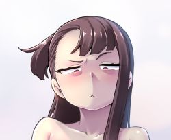 Rule 34 | 1girl, blush, brown hair, closed mouth, commentary, completely nude, frown, geewhy, gradient background, kagari atsuko, little witch academia, nude, one side up, out-of-frame censoring, pink background, portrait, red eyes, solo, symbol-only commentary