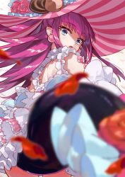 Rule 34 | 1girl, amana (pocketkey), back, blue eyes, blurry, depth of field, dragon tail, dress, earrings, elizabeth bathory (fate), elizabeth bathory (fate/extra ccc), elizabeth bathory (third ascension) (fate), fate/extra, fate/grand order, fate (series), frills, hat, highres, jewelry, long hair, looking at viewer, open mouth, pointy ears, purple hair, solo, tail