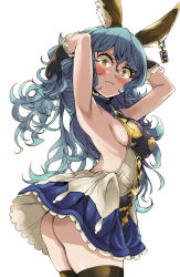 Rule 34 | 10s, 1girl, animal ears, armpits, arms behind head, arms up, ass, backless outfit, bare back, black gloves, blue hair, blue skirt, blush, breasts, rabbit ears, earrings, embarrassed, erune, ferry (granblue fantasy), frills, gloves, gradient hair, granblue fantasy, jewelry, long hair, looking at viewer, looking back, multicolored hair, no bra, no panties, sideboob, simple background, single earring, skirt, solo, thighhighs, wavy hair, white background, yellow eyes, yuu (kfc)