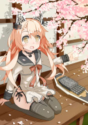 Rule 34 | 1girl, absurdres, black thighhighs, blush, breasts, cherry blossoms, cleavage, collarbone, commentary request, dated, fang, hair ornament, highres, long hair, open mouth, pink hair, sailor senshi uniform, school uniform, seiza, serafuku, shimakaze (warship girls r), sitting, solo, thighhighs, torpedo, torpedo tubes, warship girls r, yellow eyes, zhudacaimiao