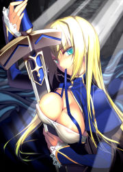 Rule 34 | 1girl, alternate breast size, aqua eyes, areola slip, artoria pendragon (all), artoria pendragon (fate), blonde hair, breasts, cleavage, coffee cat, covered erect nipples, excalibur (fate/stay night), fate/stay night, fate/zero, fate (series), hair down, large breasts, mouth hold, ribbon, ribbon in mouth, saber (fate), sidelocks, solo, sword, weapon