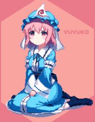 Rule 34 | 1girl, black footwear, blue hat, blue kimono, blush, character name, commentary, english commentary, full body, hat, japanese clothes, kimono, kneeling, long sleeves, mob cap, pink eyes, pink hair, pixel art, red background, saigyouji yuyuko, sayqyy, short hair, sitting, solo, touhou, triangular headpiece