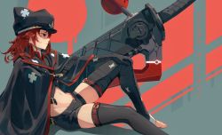 Rule 34 | 1girl, bandaged arm, bandaged leg, bandages, black cloak, black hat, black shorts, black thighhighs, clarenceman0605, cloak, commission, groin, guilty gear, guilty gear strive, hand on own knee, hat, highres, huge weapon, long hair, midriff, navel, no shoes, parted lips, ramlethal valentine, red eyes, red hair, short shorts, shorts, sideways mouth, single thighhigh, sitting, solo, sword, thighhighs, toes, weapon