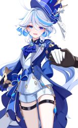 Rule 34 | 1girl, 1other, absurdres, ascot, black gloves, blue ascot, blue eyes, blue hair, blue headwear, blue jacket, chinese commentary, commentary request, cowboy shot, cowlick, furina (genshin impact), genshin impact, gloves, hand grab, hat, heterochromia, highres, jacket, kenomotsu yukuwa, long hair, long sleeves, looking at viewer, multicolored hair, open mouth, shirt, shorts, simple background, smile, solo focus, standing, streaked hair, thigh strap, top hat, very long hair, white background, white gloves, white hair, white shirt, white shorts