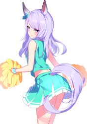 Rule 34 | 1girl, absurdres, alternate costume, animal ears, aqua bow, aqua shirt, aqua skirt, ass, bare shoulders, blush, bow, breasts, cheerleader, closed mouth, clothing cutout, commentary request, cowboy shot, ear bow, ear ornament, from behind, highres, holding, holding pom poms, horse ears, horse girl, horse tail, long hair, looking at viewer, mejiro mcqueen (umamusume), pom pom (cheerleading), pom poms, purple eyes, purple hair, shirt, simple background, skirt, sleeveless, sleeveless shirt, small breasts, solo, sunny (20597521), tail, tail through clothes, umamusume, white background, wristband