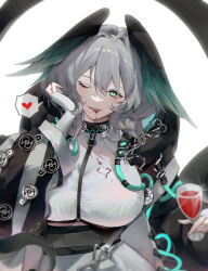 Rule 34 | 1girl, alcohol, aqua eyes, arknights, belt, black coat, blush, breasts, charo (morphodrake), coat, cup, dress, drinking glass, fangs, fingerless gloves, gloves, grey hair, head wings, heart, ho&#039;olheyak (arknights), holding, holding cup, impossible clothes, impossible dress, large breasts, long hair, long sleeves, looking at viewer, one eye closed, open clothes, open coat, parted lips, simple background, smile, solo, speech bubble, spoken heart, tail, teeth, upper body, upper teeth only, white background, white dress, white gloves, wine, wine glass, wings