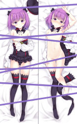 Rule 34 | 1girl, :o, arm up, asymmetrical legwear, bare shoulders, barefoot, bed sheet, beret, black bow, black dress, black headwear, black thighhighs, blush, bow, breasts, censored, closed mouth, commentary request, dakimakura (medium), detached sleeves, dress, fate/grand order, fate (series), gluteal fold, groin, hair bow, hat, helena blavatsky (fate), highres, hitsujibane shinobu, long sleeves, looking at viewer, lying, multiple views, navel, no shoes, nose blush, nude, on back, one breast out, parted lips, photoshop (medium), puffy long sleeves, puffy sleeves, purple eyes, purple hair, pussy juice, revision, sample watermark, sefirot, single thighhigh, sleeves past wrists, small breasts, smile, strapless, strapless dress, thighhighs, uneven legwear, unworn hat, unworn headwear, unworn thighhighs, watermark, white sleeves