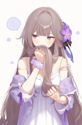 Rule 34 | ..., 1girl, ai-assisted, blush, brown hair, commentary, doll joints, embarrassed, flower, hair flower, hair ornament, hair over mouth, herta (honkai: star rail), highres, honkai: star rail, honkai (series), jacket, joints, long hair, poki (j0ch3fvj6nd), purple eyes, purple flower, purple jacket, purple scrunchie, scrunchie, shirt, sleepwear, solo, speech bubble, strap slip, very long hair, white background, white shirt