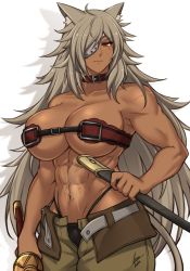 1girl, abs, airisubaka, animal ears, bare shoulders, breasts, brown eyes, cat ears, cat girl, collar, collarbone, commentary, cowboy shot, dark skin, english commentary, eyepatch, ghislaine dedoldia, highres, holding, holding sheath, holding sword, holding weapon, large breasts, long hair, looking at viewer, muscular, muscular female, mushoku tensei, navel, scar, sheath, simple background, solo, sword, weapon, white background