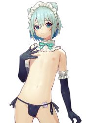 Rule 34 | 1boy, :t, aqua bow, aqua bowtie, black gloves, black panties, blue eyes, blue hair, bow, bowtie, bulge, condom, condom in clothes, detached collar, earclip, elbow gloves, frills, gloves, highres, looking at viewer, maid headdress, male focus, navel, nipples, original, panties, pout, roobababa, short hair, side-tie panties, simple background, solo, tears, topless male, trap, underwear, virtual youtuber, white background, yoruhachi