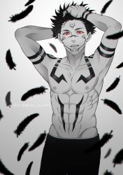Rule 34 | 1boy, 2023, abs, arm tattoo, armpits, arms up, commentary request, dated, extra eyes, facial tattoo, feathers, fushiguro megumi, highres, jujutsu kaisen, looking at viewer, male focus, navel, nipples, pants, pectorals, red eyes, ryoumen sukuna (jujutsu kaisen), sato zero915, tattoo, teeth, topless male