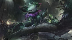 Rule 34 | 1boy, absurdres, animal, claws, closed mouth, commentary request, fur trim, gnar (league of legends), highres, jungle, league of legends, nature, outdoors, rain, tree, water, wutu (1183238220)
