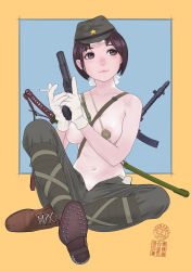 Rule 34 | 1girl, areola slip, breasts, brown hair, cigarette, dated, field cap, gloves, gun, hachimaki, handgun, hat, headband, highres, holding, holding gun, holding weapon, imperial japanese army, indian style, katana, lips, m1911, medium breasts, military, military hat, military uniform, navel, original, pants, pants tucked in, shoe soles, short hair, simple background, sino (mechanized gallery), sitting, solo, submachine gun, sword, topless, type 100 smg, uniform, veins, veiny breasts, weapon, weapon request