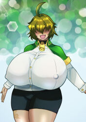 Rule 34 | 1girl, ahoge, borrowed character, breasts, cape, codeorange162, covered erect nipples, cowbell, facing viewer, female focus, gigantic breasts, green hair, highres, huge breasts, original, scar, scar on face, scar on thigh, shirt, short hair, solo, thick thighs, thighs, white shirt